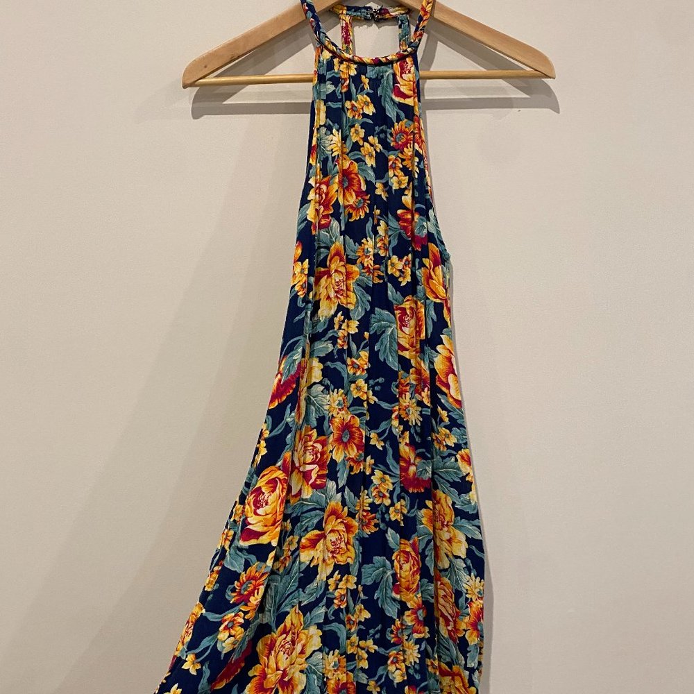 Floral pattered, halter neck, sleeveless shift mini dress